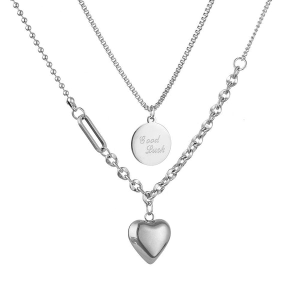 Women Dual Layer Love Heart Round Pendant Simple Elegant Chain Hip-hop Necklace Obsesie