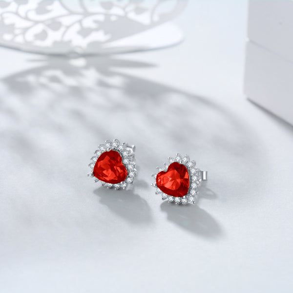 Red Heart Birthstone Zircon Stud Earrings