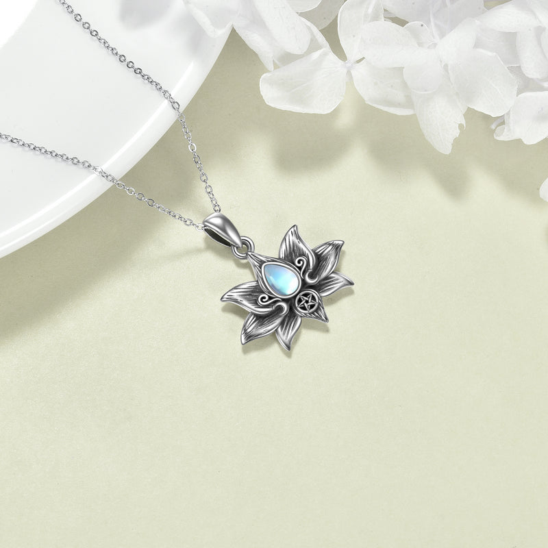 Sterling Silver Moonstone Lotus Flower Pendant Necklace Jewelry Gifts for Women