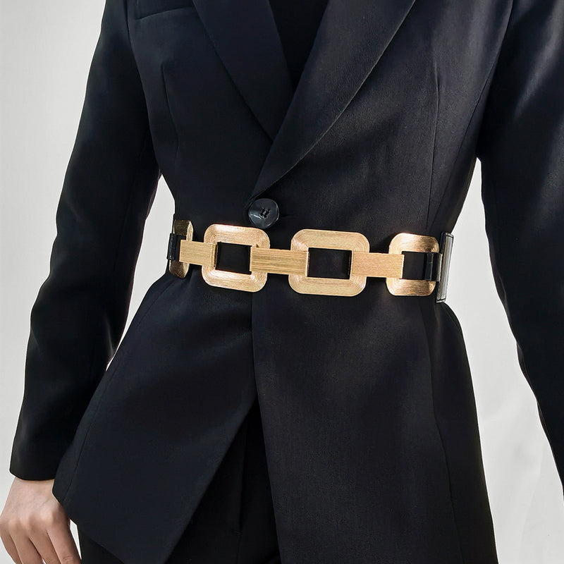 Chic Women's Gold and Black Waist Belt: A Stylish Accent for Your Skirt or Coat