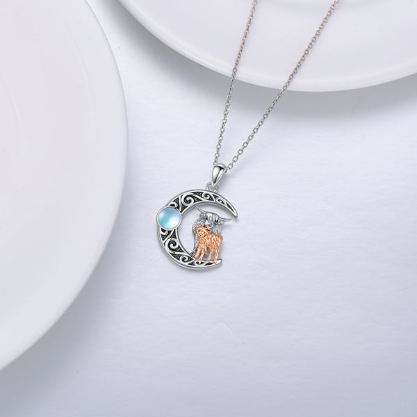 Mother Kids Highland Cow Moon 925 Sterling Silver Necklace With Moonstone