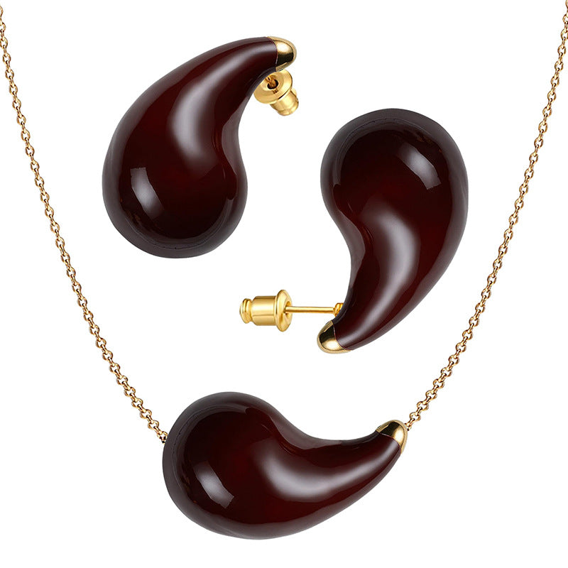 Thick Gold Hoop Earrings & Teardrop Hollow Necklace Set