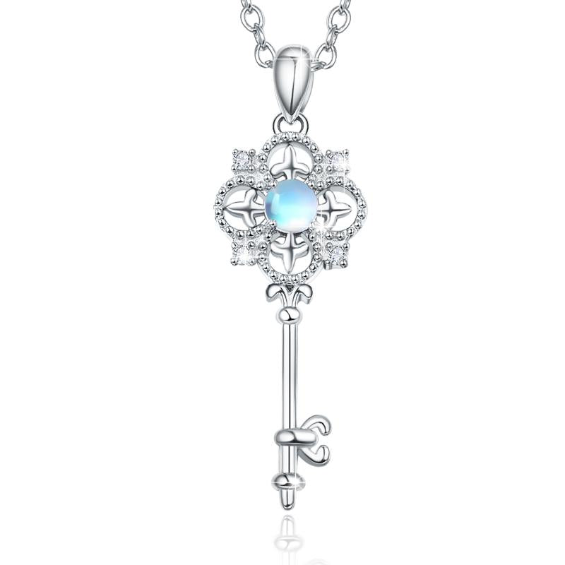 Sterling Silver Key Blue Moonstone and AAA Cz Round Key Pendant Necklace