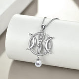 Triple Moon Goddess Necklace Amulet Wizard Pendant with Shell Pearl Necklace for Women