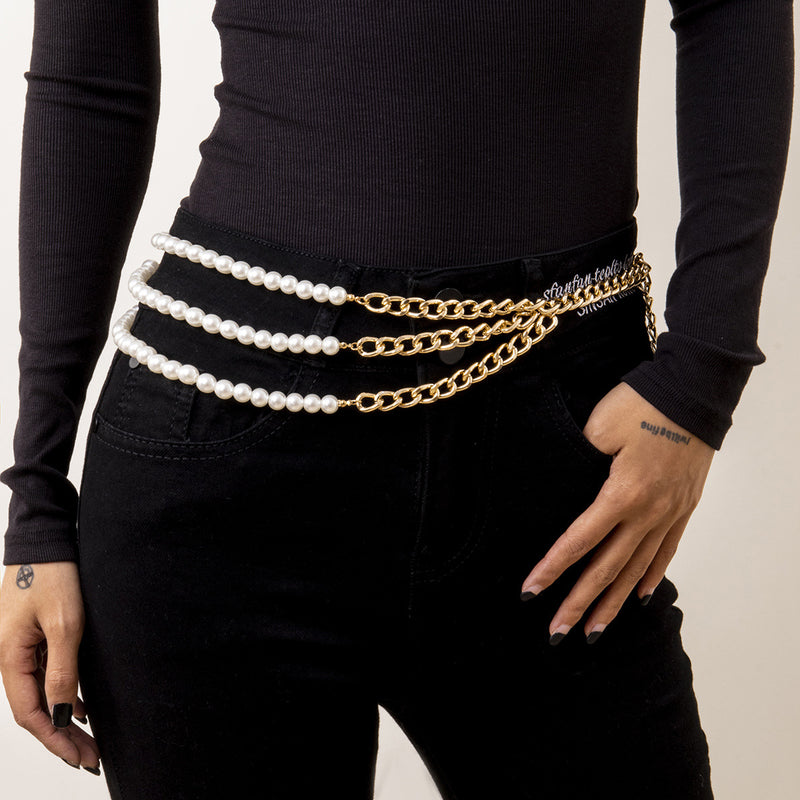 Three-Layer Pearl Waist Chain Belt | Fashion Accessory