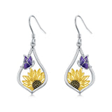 Sterling Silver Sunflower Dangle Earrings with Purple Butterfly Gift for Women
