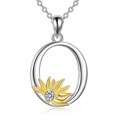 Sterling Silver Initial Alphabet Sunflower O Letter Script Name Pendant Necklace