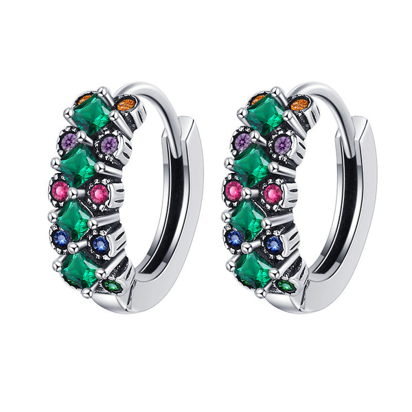 S925 Sterling Silver Inlaid Green Zircon Earrings Small Number Simple And Versatile Colorful Diamond Earrings