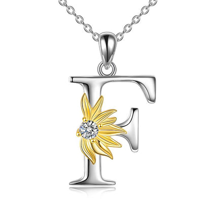 Sterling Silver Initial Alphabet Sunflower F Letter Script Name Pendant Necklace