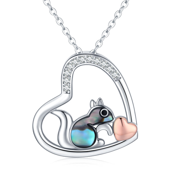 925 Sterling Silver Squirrel Abalone Shell Cubic Zirconia Cute Animal Heart Pendant Necklace925 Sterling Silver Squirrel Abalone Shell Cubic Zirconia Cute Animal Heart Pendant Necklace