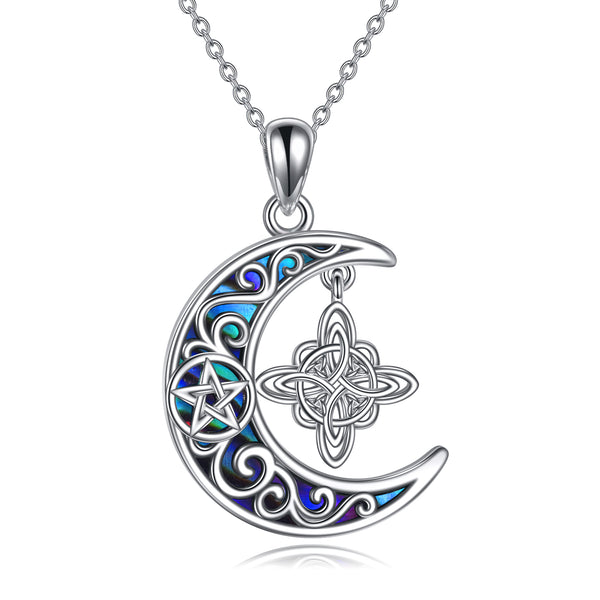 Witches Knot Necklace Sterling Silver Celtic Crescent Knot Pendant Necklace Abalone Shellfish Pagan Jewelry