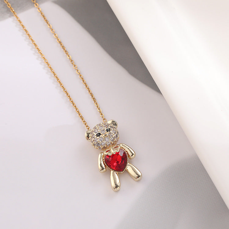 Classic Cute Bear Necklace: Red Heart Pendant for Lasting Love