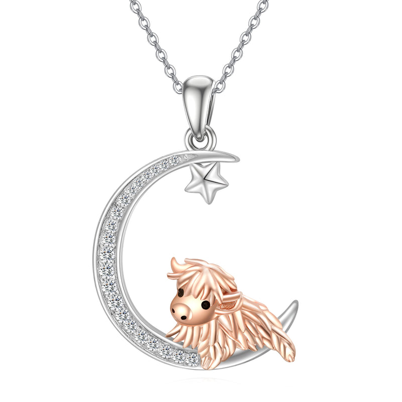 925 Sterling Silver Highland Cow Moon Necklace Gifts for Women