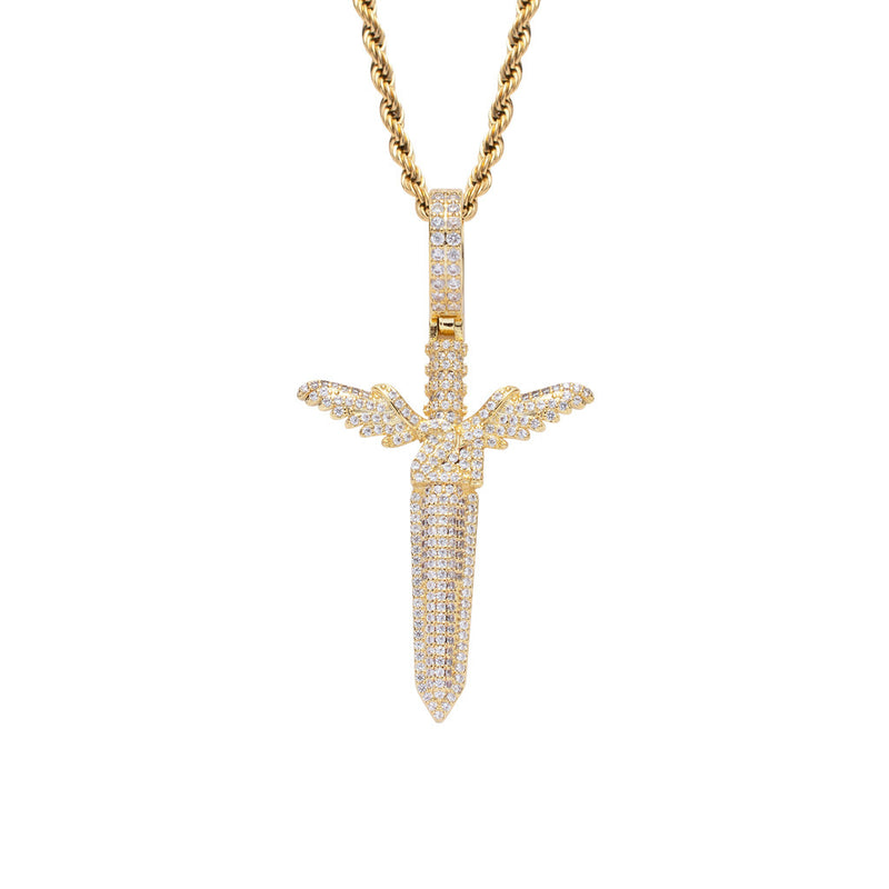 Make a Statement with our Hip Hop Angel Sword Pendant Men's Necklace - Trendy Cubic Zircon Bling