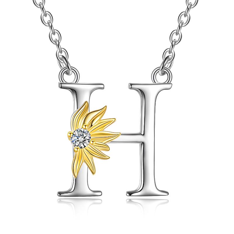 Sterling Silver Initial Alphabet Sunflower H Letter Script Name Pendant Necklace