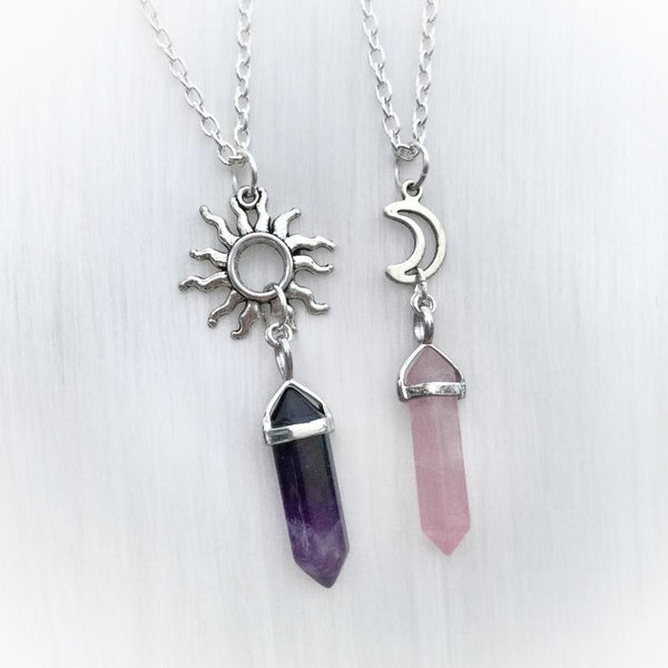 Elegant Vintage Sun Moon Crystal Necklace | Amethyst Obsidian Pendant