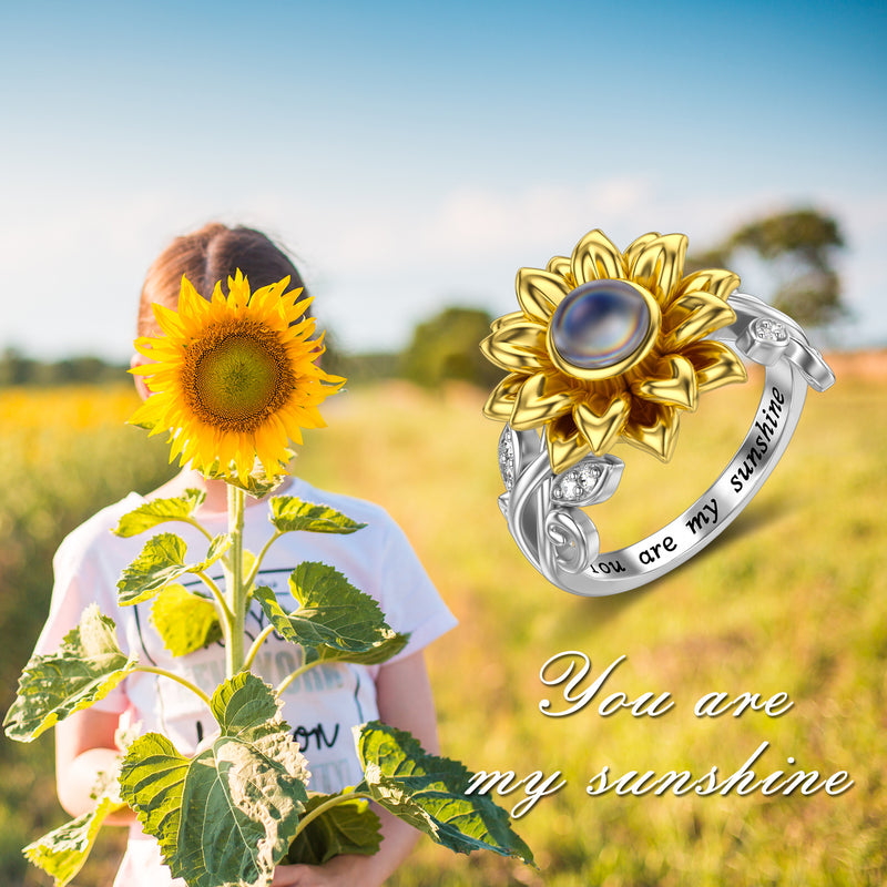 Sterling Silver Sunflower Ring with I Love You in 100 Languages You Are My Sunshine