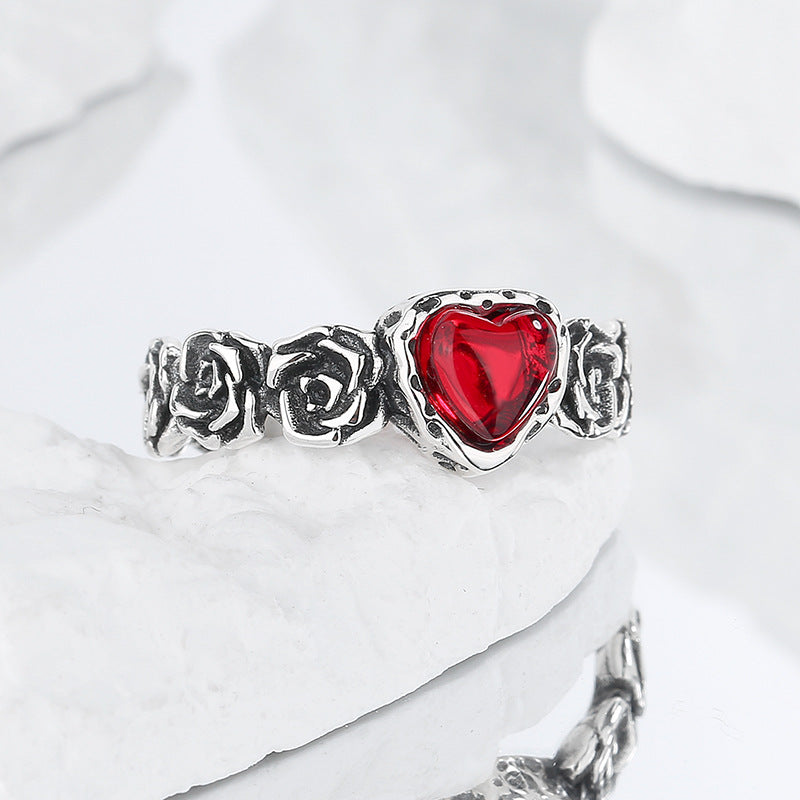 Vintage Rose S925 Silver Girl Vintage Heavy Industry Fashion Red Zircon Heart Ring