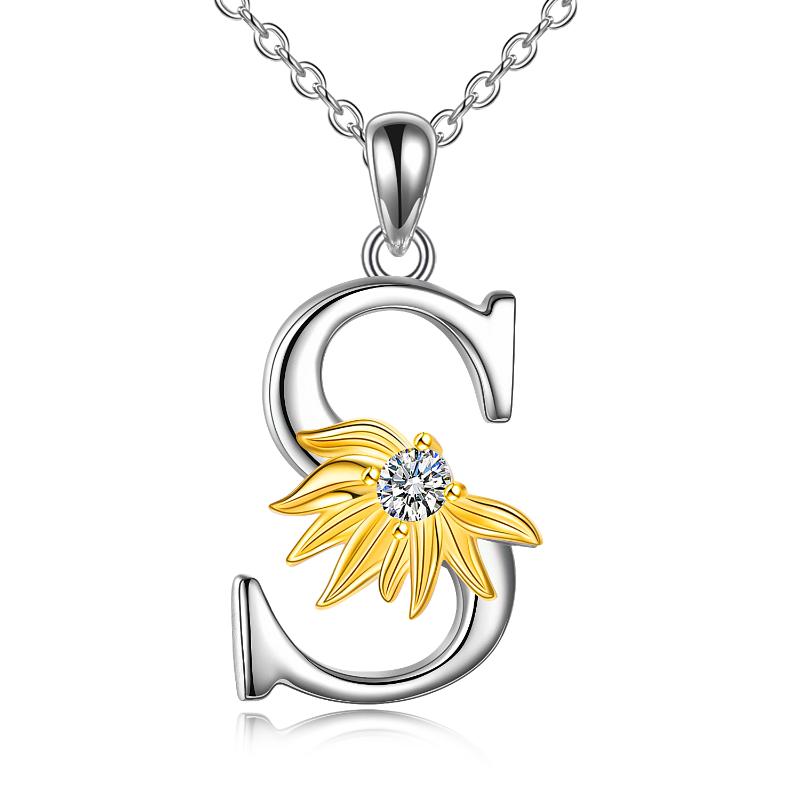 Sterling Silver Initial Alphabet Sunflower S Letter Script Name Pendant Necklace