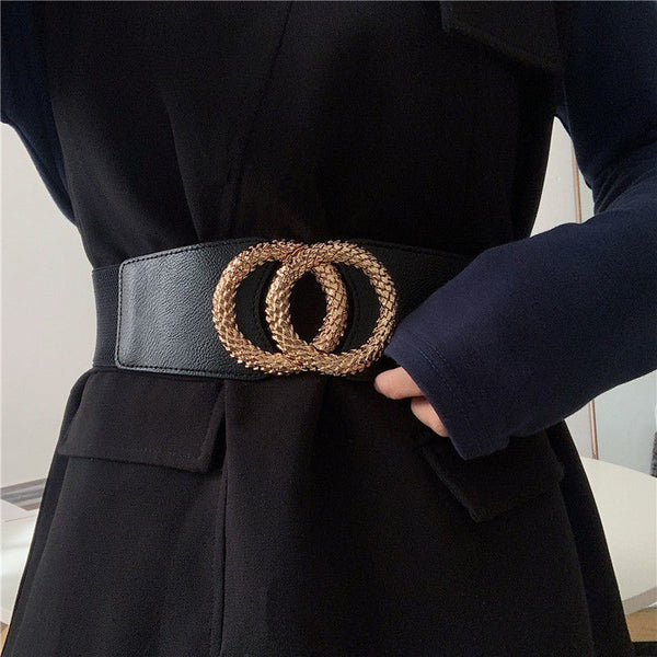 Chic Black Double Ring Elastic Belt with Golden Metal Buckle – Effortless Style for Your Waist