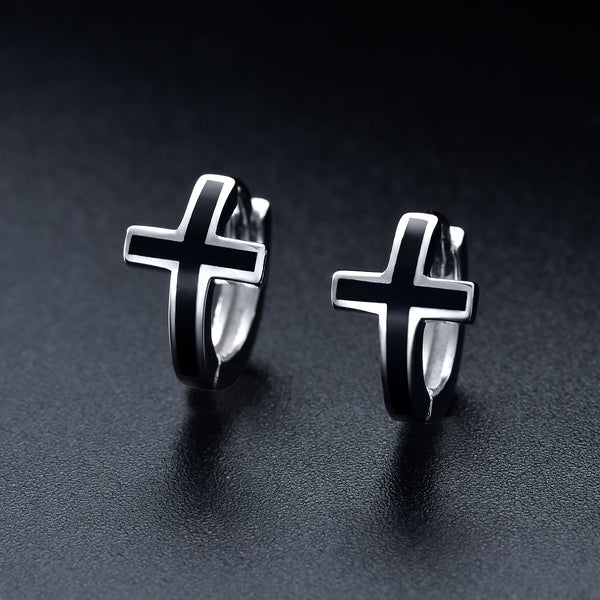 Black Cross Huggie Earrings in Sterling Silver Unisex Hoops