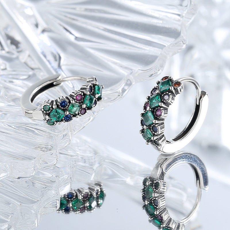 S925 Sterling Silver Inlaid Green Zircon Earrings Small Number Simple And Versatile Colorful Diamond Earrings