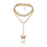 Double Thick Chain Butterfly Pendant Necklace - Perfect for a Bold, Punk-inspired Look!